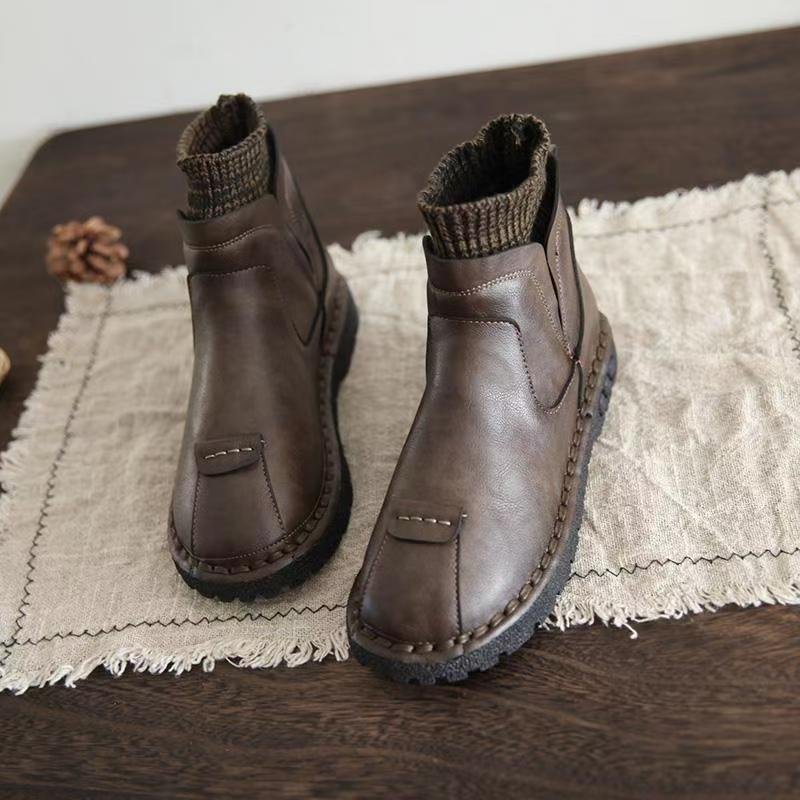 Autumn/Winter Retro Style Fleece-Lined Ankle Boots for Women, 2024 New Korean Style Versatile Knitted Soft-Soled Martin Boots