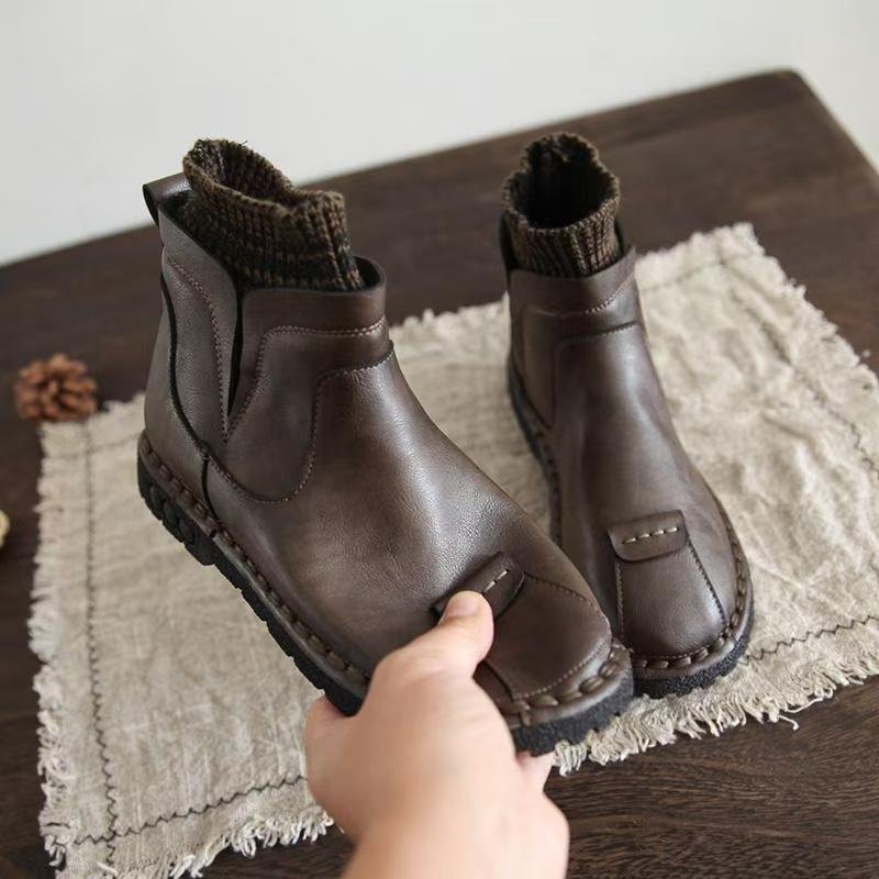 Autumn/Winter Retro Style Fleece-Lined Ankle Boots for Women, 2024 New Korean Style Versatile Knitted Soft-Soled Martin Boots