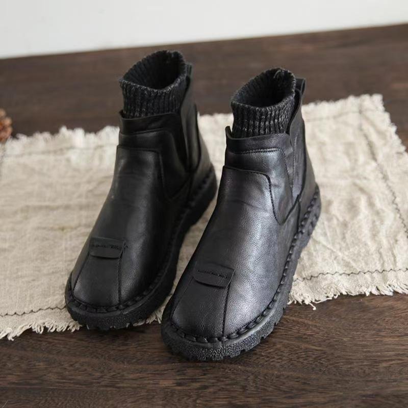 Autumn/Winter Retro Style Fleece-Lined Ankle Boots for Women, 2024 New Korean Style Versatile Knitted Soft-Soled Martin Boots