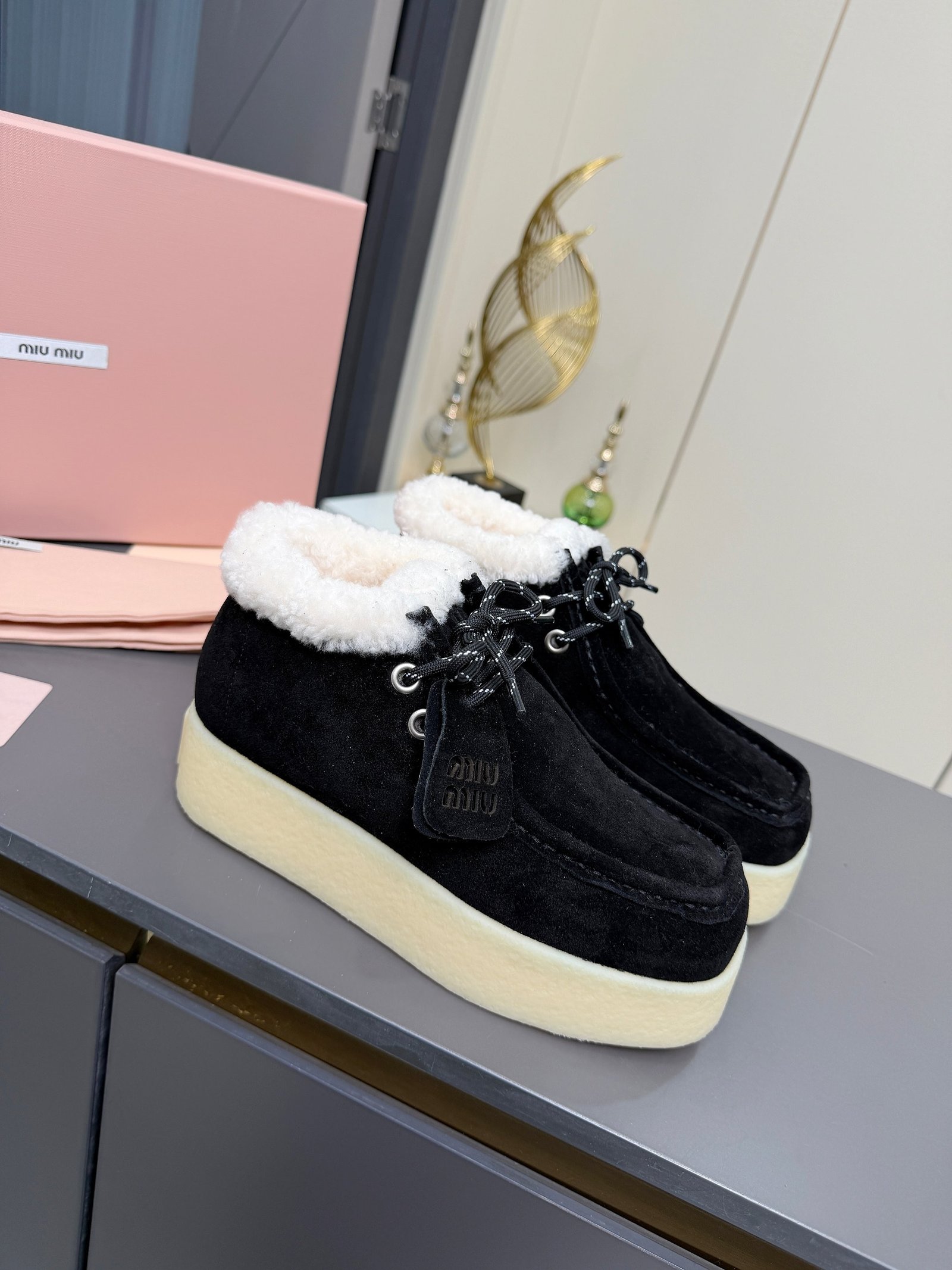 Miu Miu Autumn/Winter Wool Ankle Boots Thick-Soled Furry Shoes Warm Snow Boots