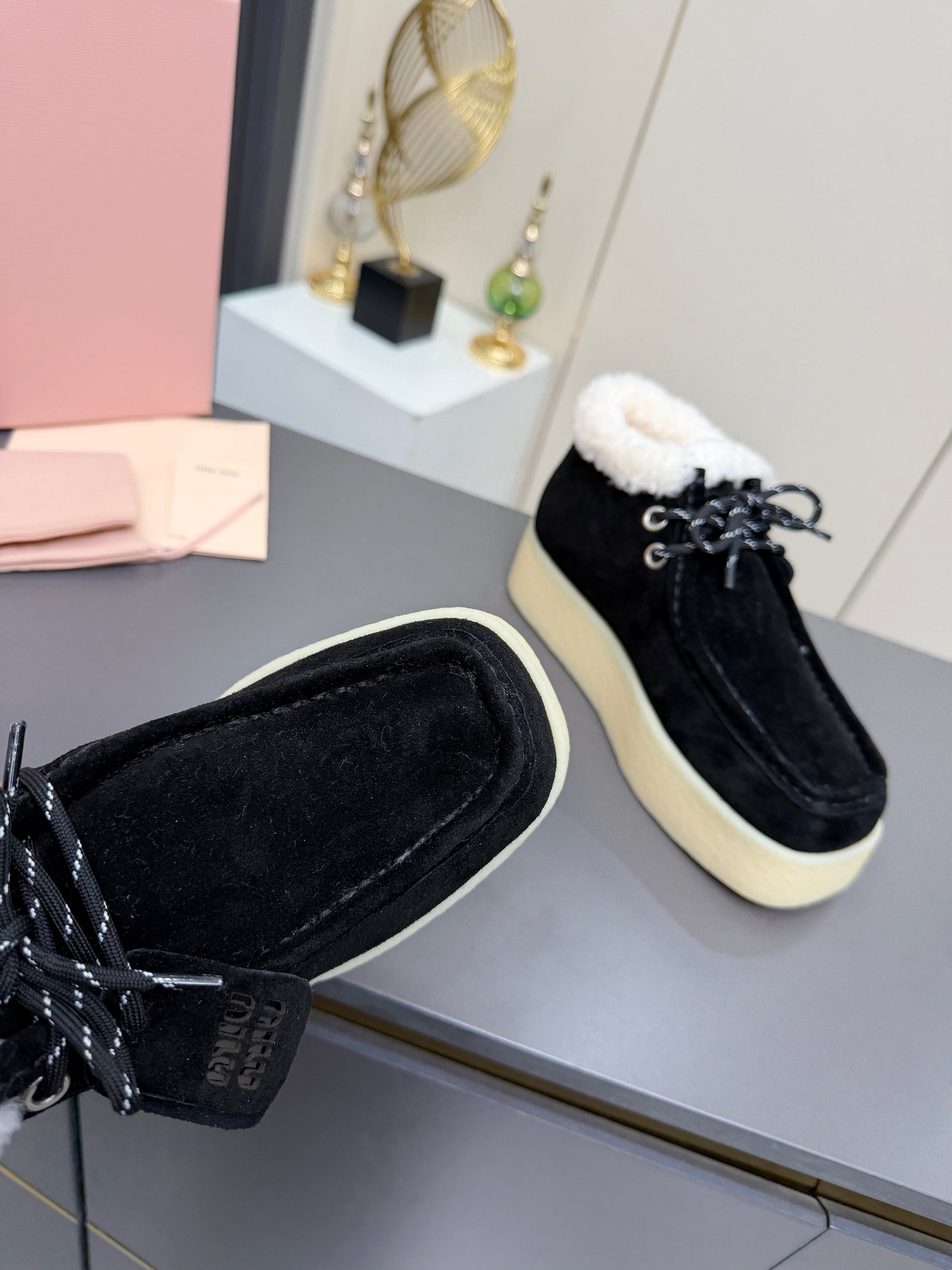 Miu Miu Autumn/Winter Wool Ankle Boots Thick-Soled Furry Shoes Warm Snow Boots