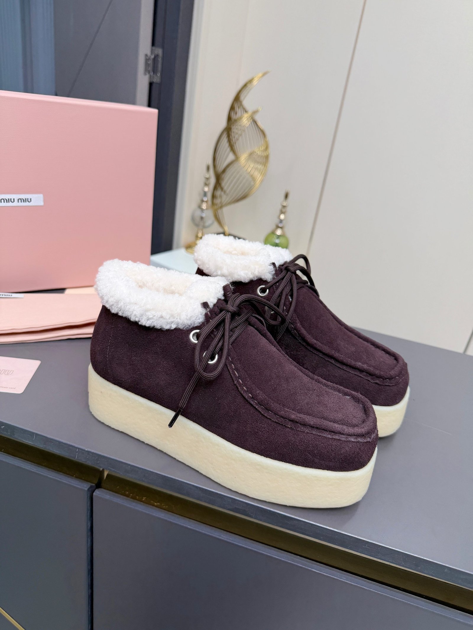 Miu Miu Autumn/Winter Wool Ankle Boots Thick-Soled Furry Shoes Warm Snow Boots