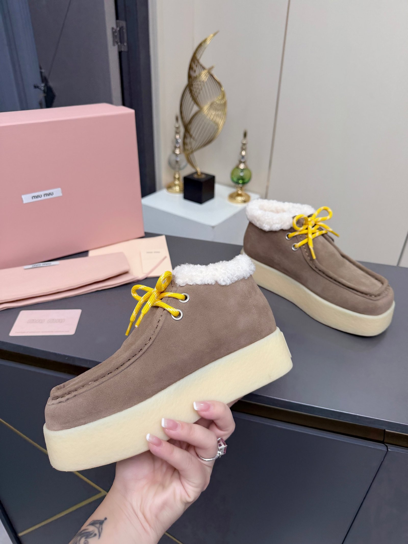 Miu Miu Autumn/Winter Wool Ankle Boots Thick-Soled Furry Shoes Warm Snow Boots