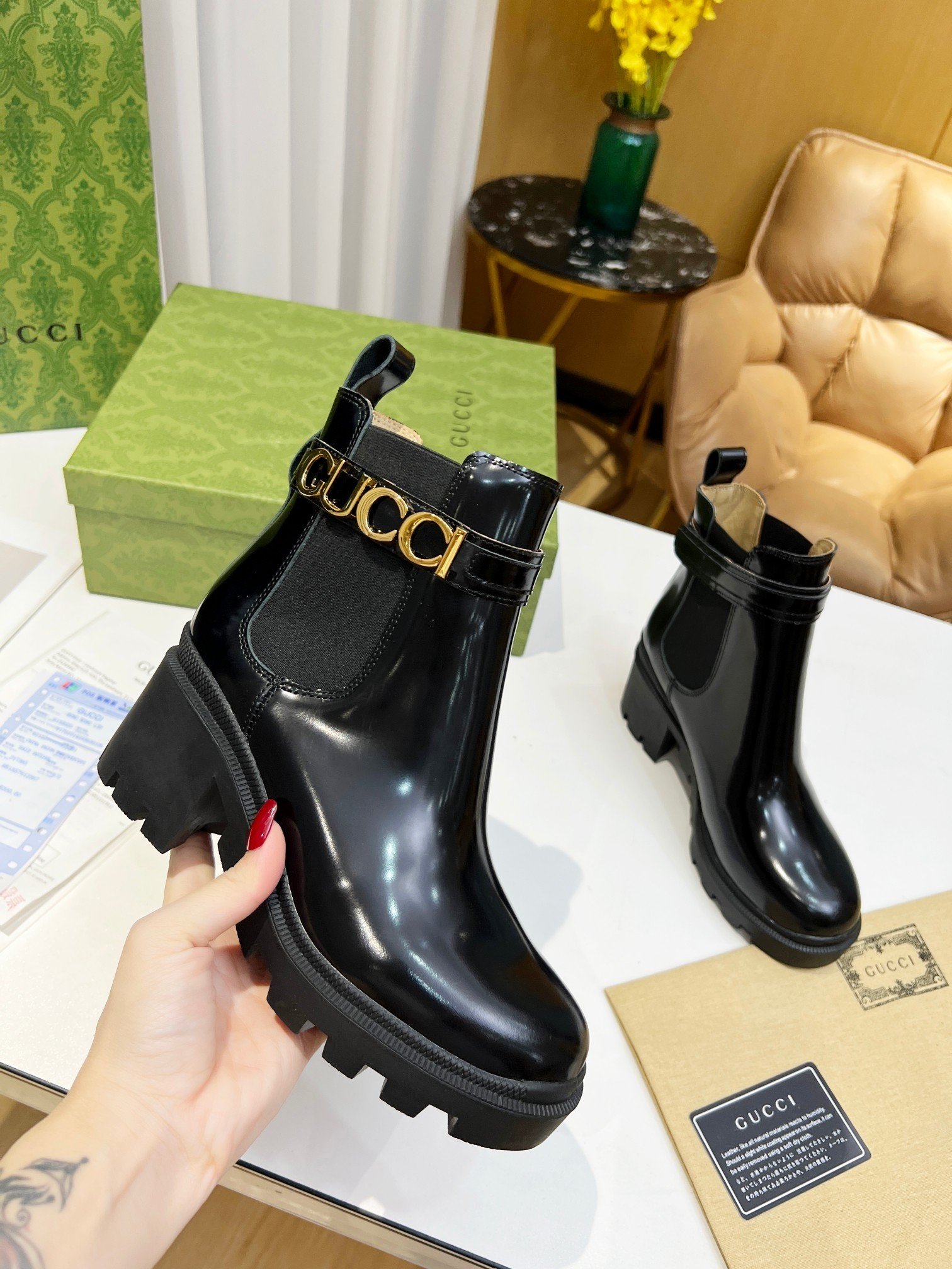 New Gucci 6-inch ankle boots, featuring a split beaded upper and a cowhide upper.