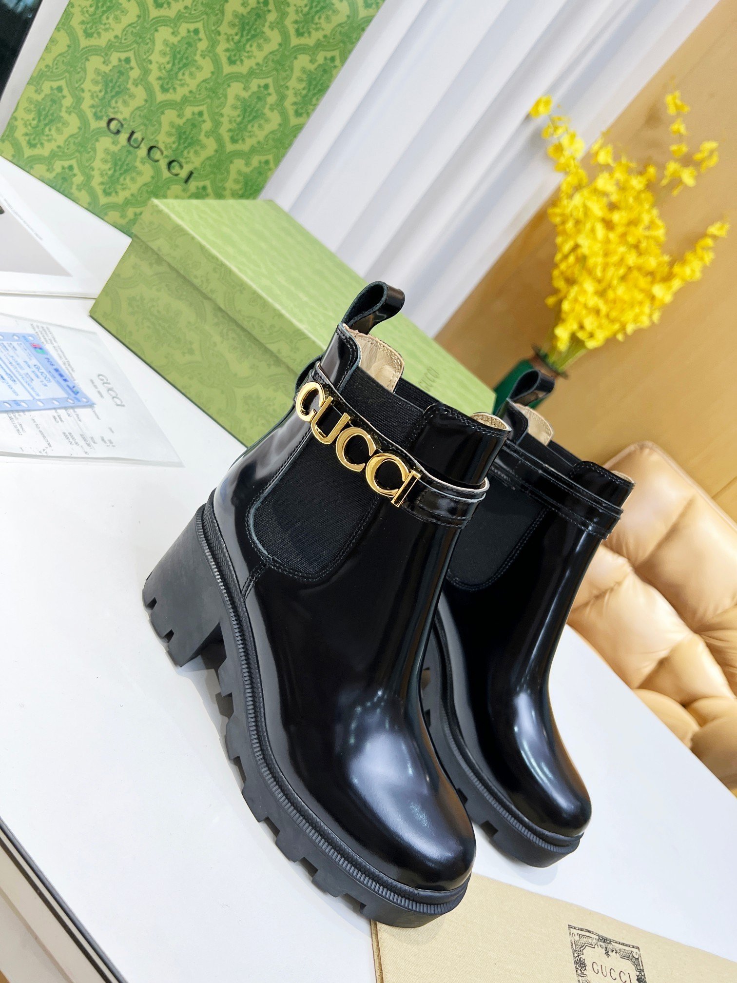 New Gucci 6-inch ankle boots, featuring a split beaded upper and a cowhide upper.