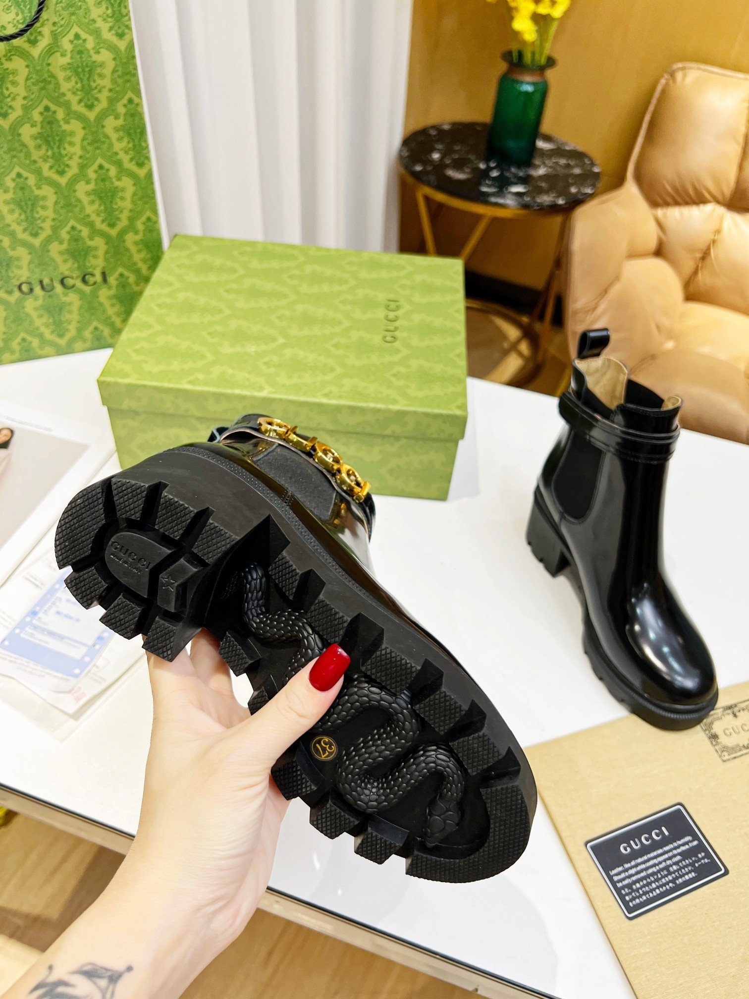 New Gucci 6-inch ankle boots, featuring a split beaded upper and a cowhide upper.