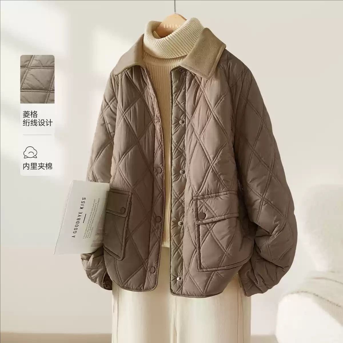 Lightweight, short, diamond-patterned cotton-padded jacket, new style, winter thickened casual warm cotton coat.