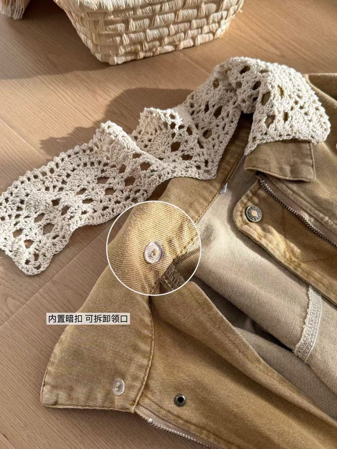 Denim jacket with detachable floral bud hem and knitted collar, romantic lace, elegant style, 25 Fall/2025.