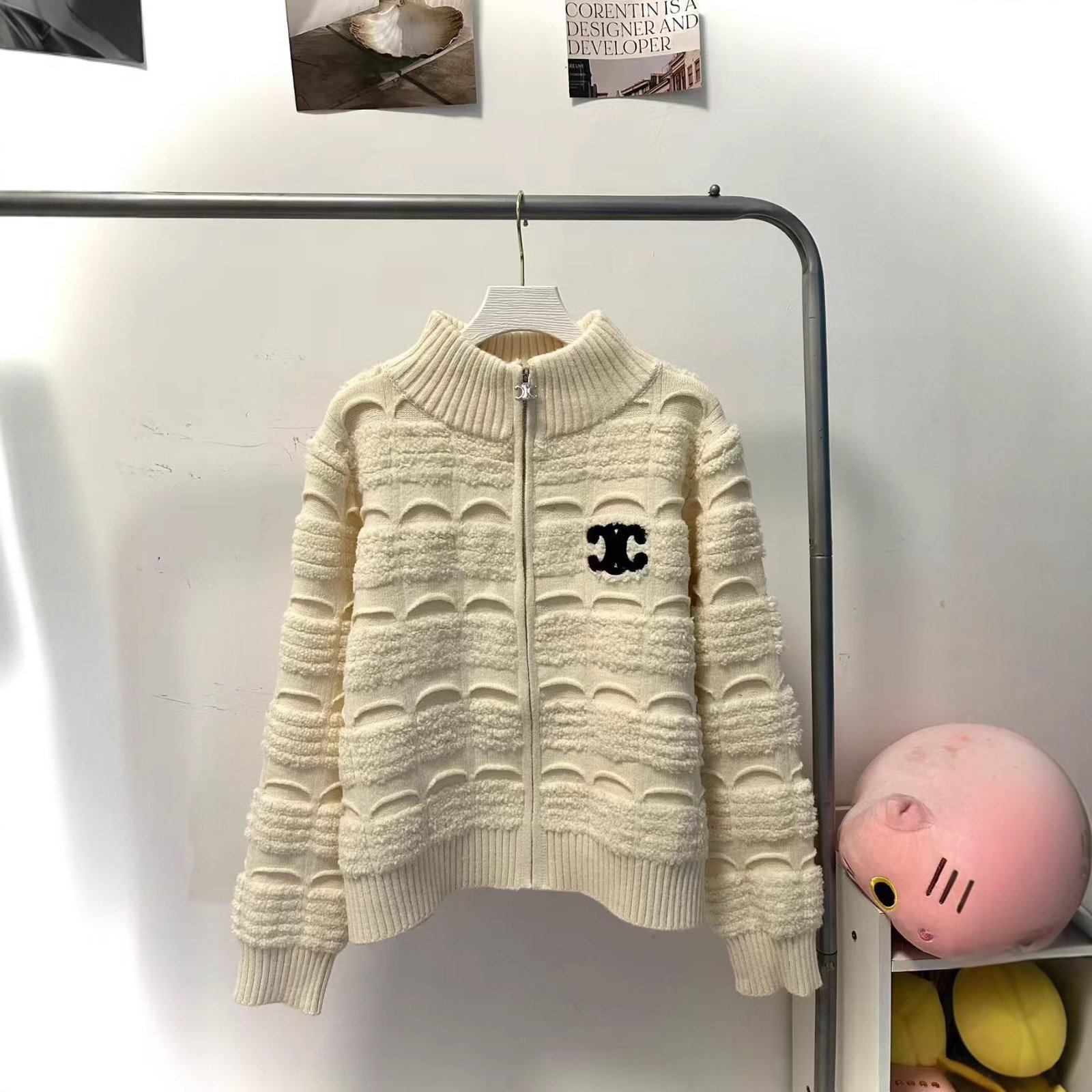 Chanel Fall/Winter New Arrival Heavy-Duty Design Zipper Cardigan Color Block Arc de Triomphe Embroidered Stand Collar Sweater