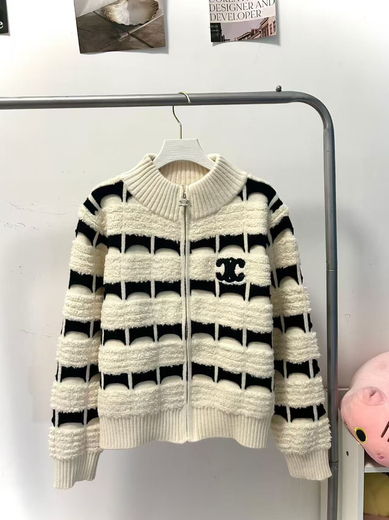 Chanel Fall/Winter New Arrival Heavy-Duty Design Zipper Cardigan Color Block Arc de Triomphe Embroidered Stand Collar Sweater