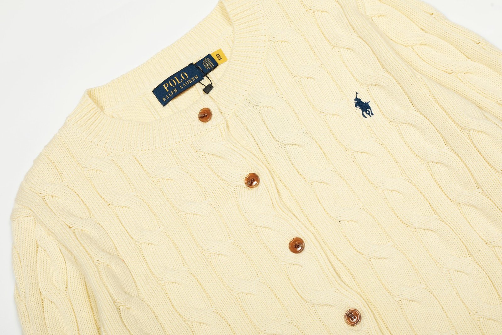 RL 2024 Fall/Winter Ruff Pony Logo Cable Knit Embroidered Wool Crew Neck Simple Knit Cardigan Sweater (QR Code Available)