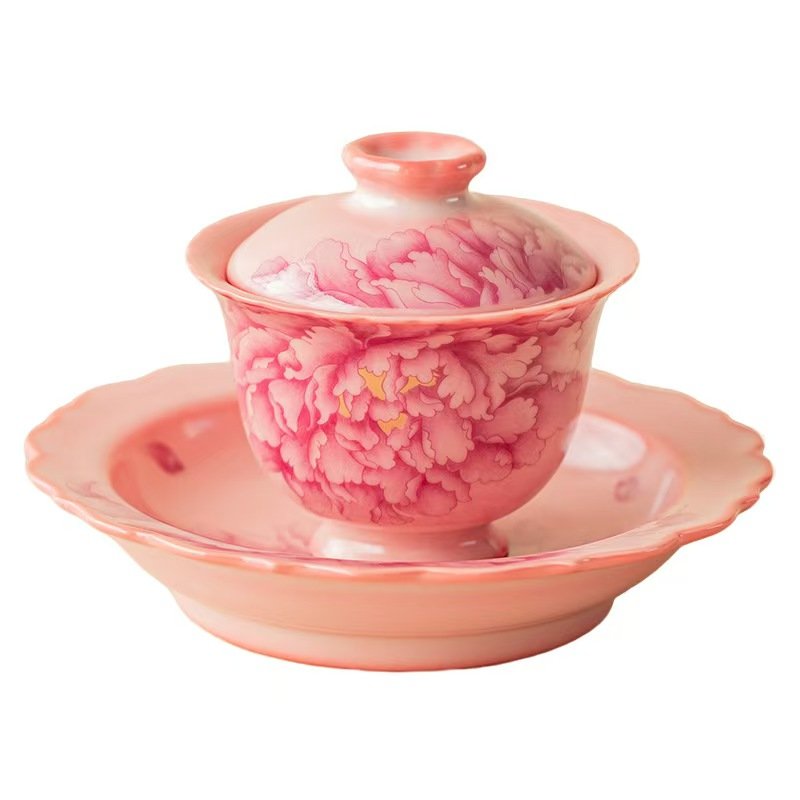 Lard-flavored jelly-like rimmed three-piece covered teacup, a ceramic tea bowl with lid, heat-resistant, hand-held teapot.