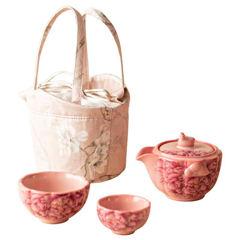 Red Powdered Pork Fat Jelly National Beauty Travel Tea Set: One Teapot and Two Cups, Household Ceramic Teapot and Teacups, Portable Quick Cup