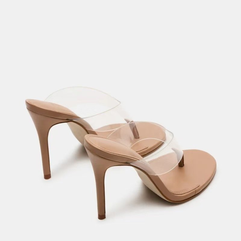 Metal-toned fashion sandals, pointed-toe thong PVC stiletto heels