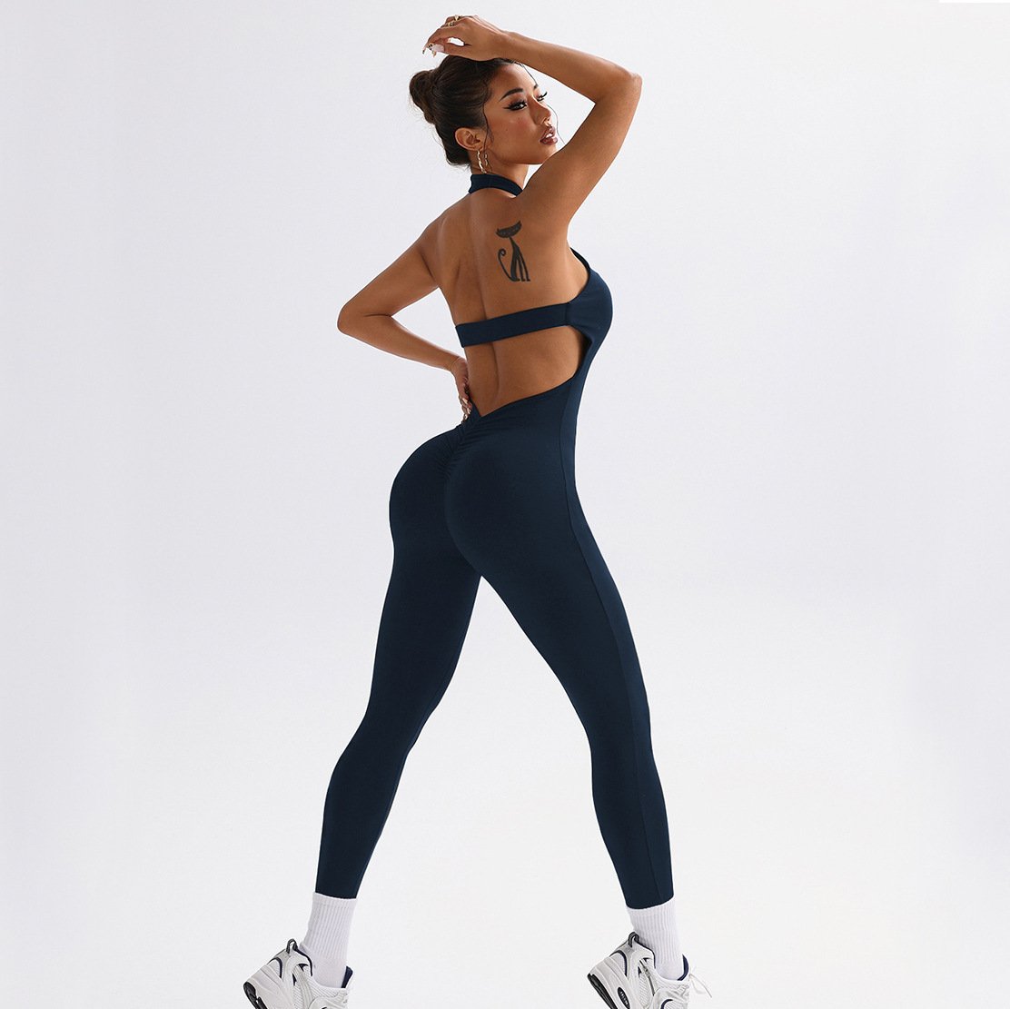 Jumpsuit, sexy sleeveless backless yoga outfit with padded bra, peach-shaped buttocks.