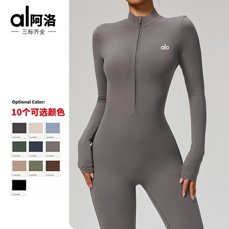 Zippered, bare-sleeved, long-sleeved yoga bodysuit for exercise and fitness.