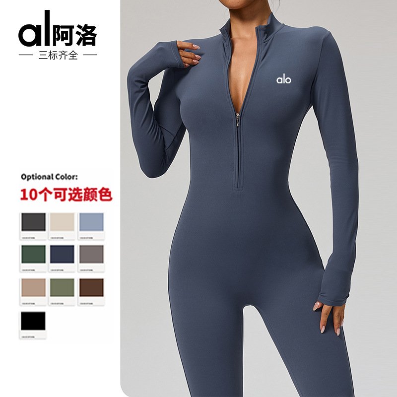 Zippered, bare-sleeved, long-sleeved yoga bodysuit for exercise and fitness.