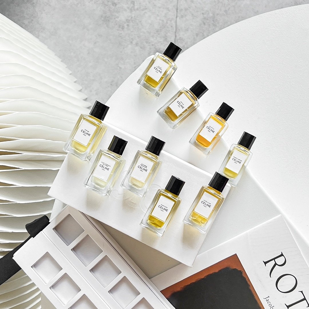 CELINE Haute Couture Perfume Sample Set (9 pieces, 10ml x 9): California, Parisian, French Cologne, Unrestrained, Evening Gown, Nightless, Showcasing, Saint-Germain, Revealing.