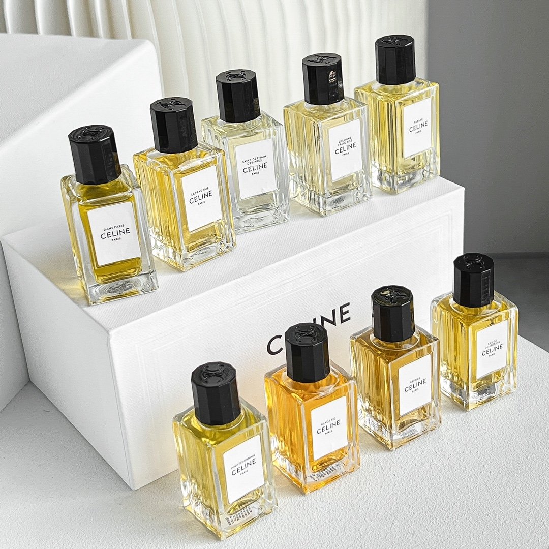 CELINE Haute Couture Perfume Sample Set (9 pieces, 10ml x 9): California, Parisian, French Cologne, Unrestrained, Evening Gown, Nightless, Showcasing, Saint-Germain, Revealing.
