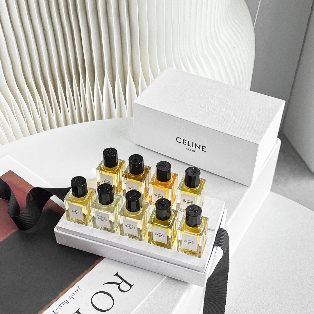 CELINE Haute Couture Perfume Sample Set (9 pieces, 10ml x 9): California, Parisian, French Cologne, Unrestrained, Evening Gown, Nightless, Showcasing, Saint-Germain, Revealing.